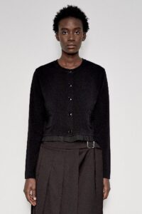 cardigan Meimeij con taschini con bordo rouches in gros grain in fondo